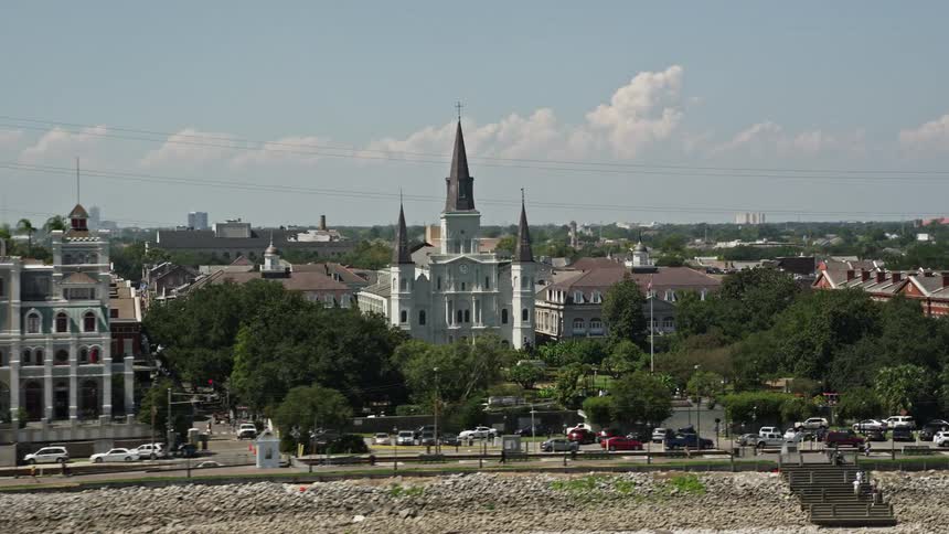Aerial of a cathedral near the beach during a sunny day