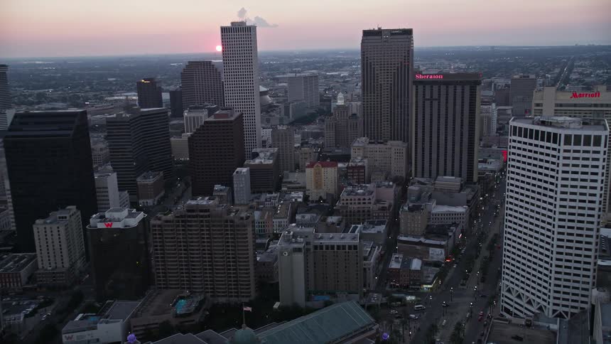 Aerial of the metropolitan city center during dusk