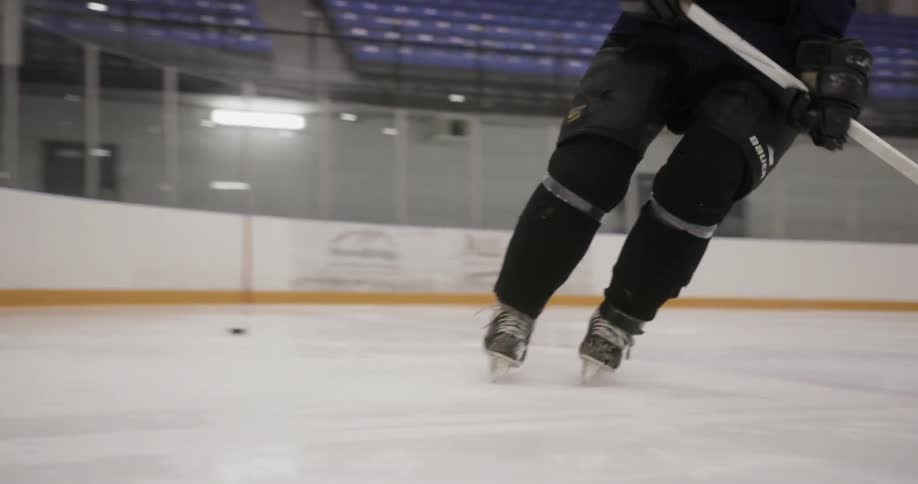A hockey player skates and stops on the ice