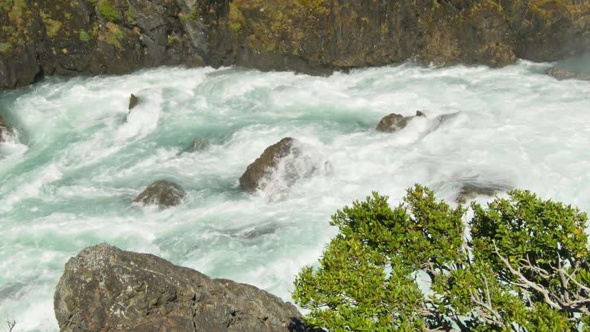 A river with water passing quickly between rocks and vegetation on the river coast