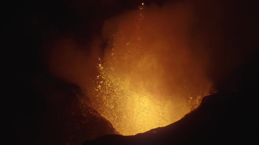 A big volcanic eruption taking place at night