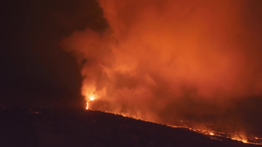 The volcano is erupting at night