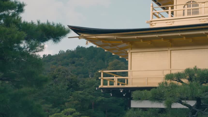 A Japanese temple surrounded by a forest at dusk