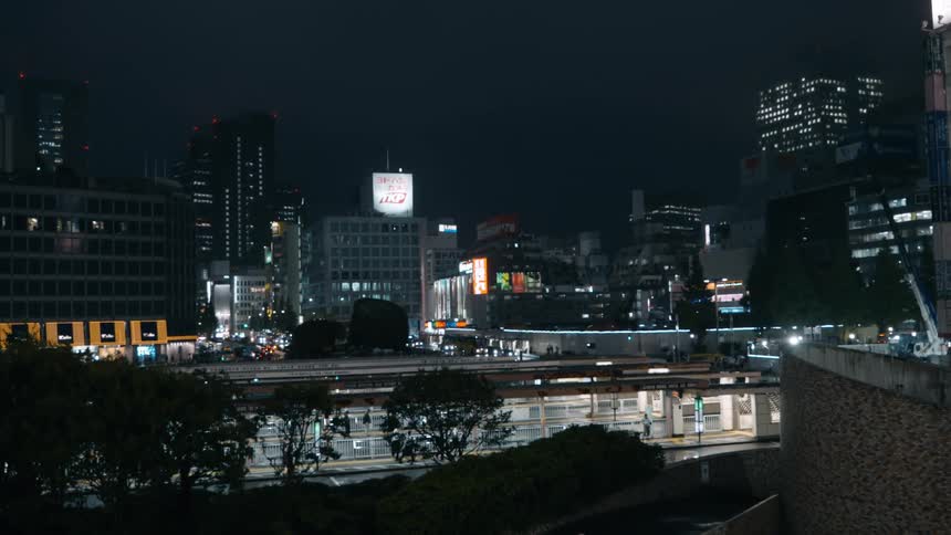 A group of men walk through a part of Tokyo at night