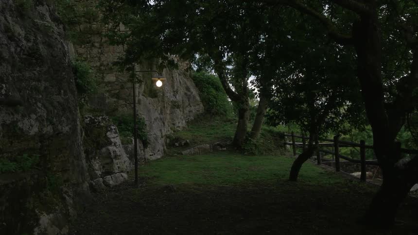 A single lamp-post shines near some cliffs and trees