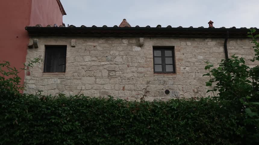 Shrubs grow along the property line of a stone building