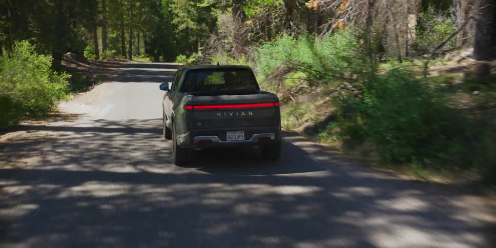 Truck is arriving on a road in the middle of a forest