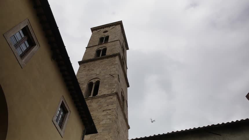A bird flies next to a tall stone tower
