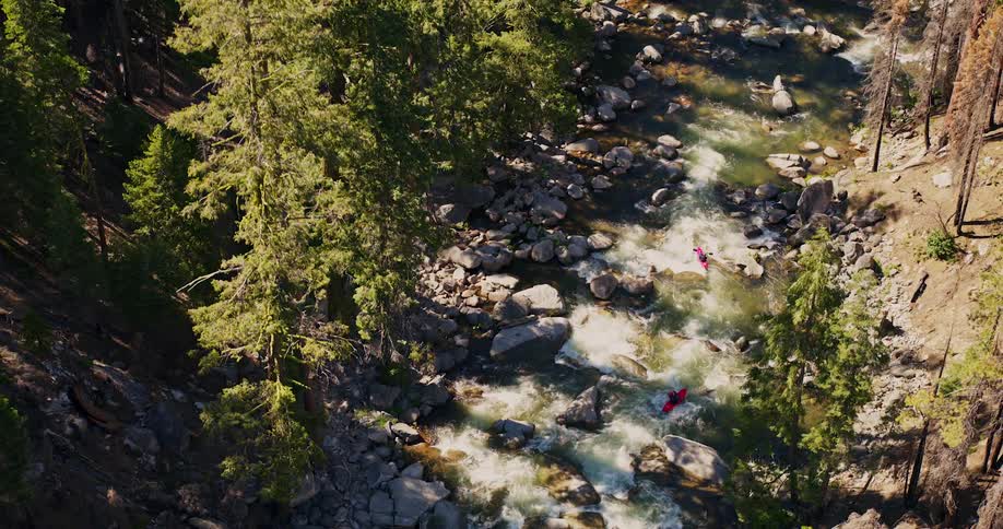 Aerial of people kayaking on a river in the forest during the day