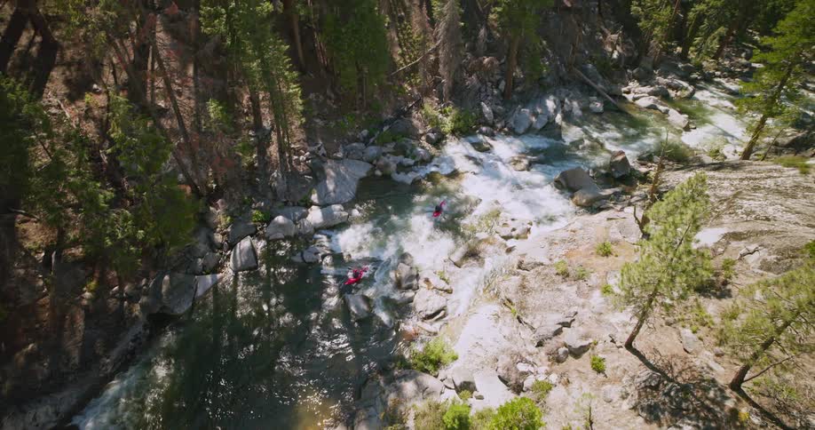 Two people canoeing in a boat through the forest