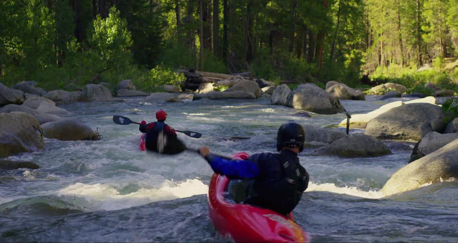 Two people canoeing in the middle of a river flowing through the forest