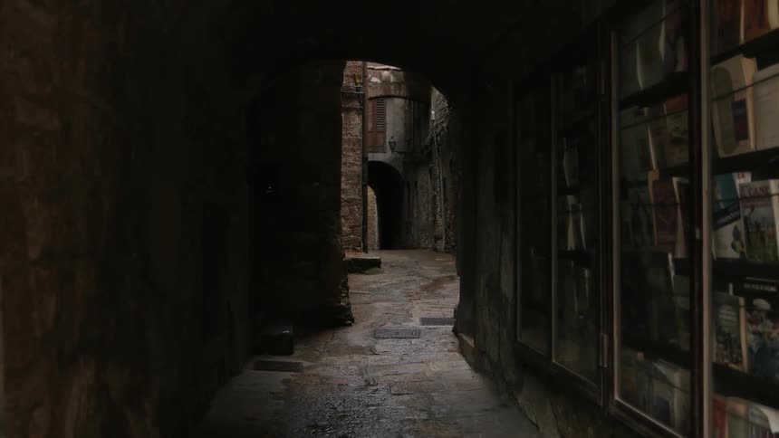 A cabinet displaying pamphlets and bills hangs in an old alleyway
