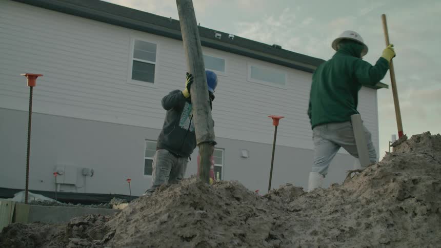 Man throwing cement into a hole at a construction site