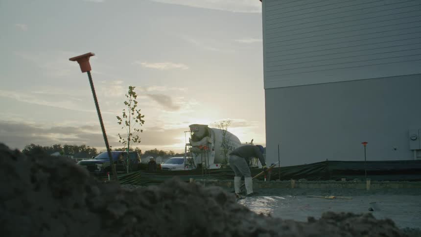 Man working on construction with cement in a morning