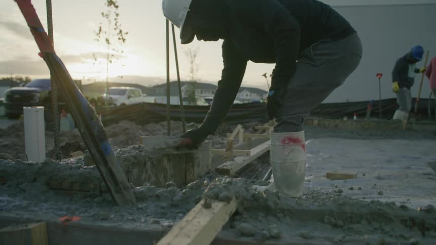 Construction employees work with wet cement