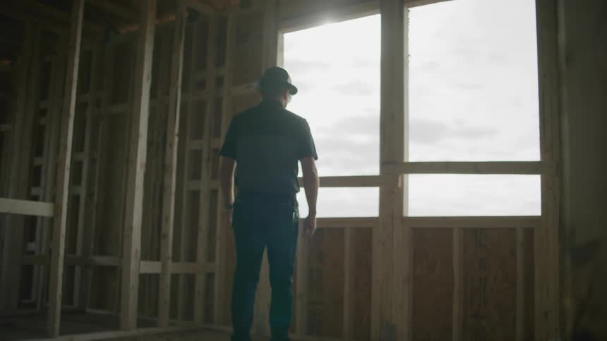 Worker wearing a helmet glasses t shrt and pants walks in a construction building