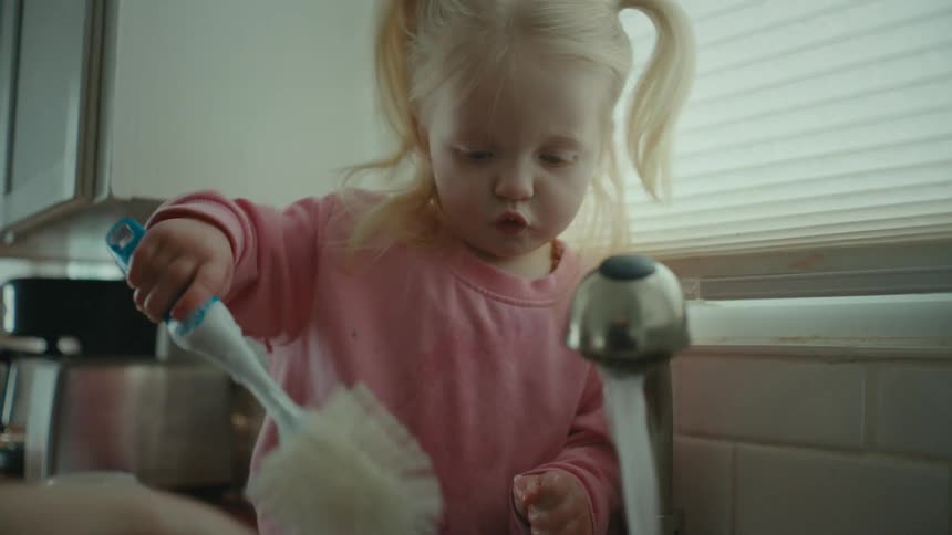 A kitchen scene with a mother and her daughter washing dishes in a sink