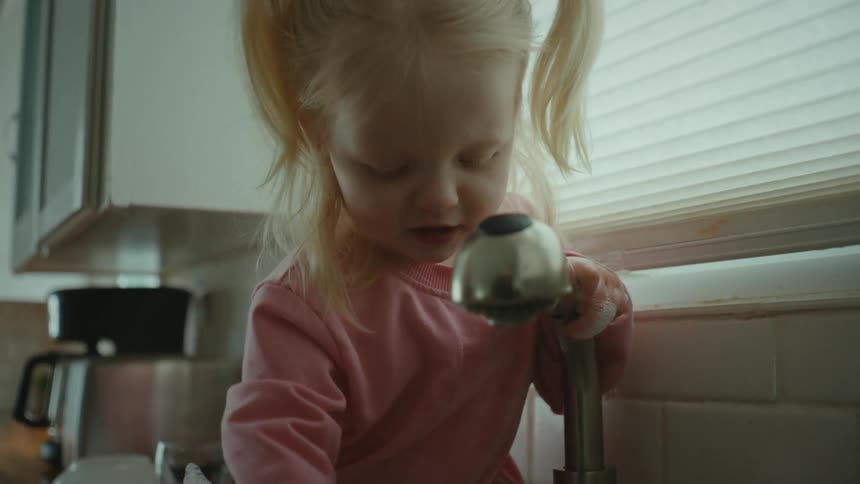 A toddler plays with a scrub brush at a kitchen sink