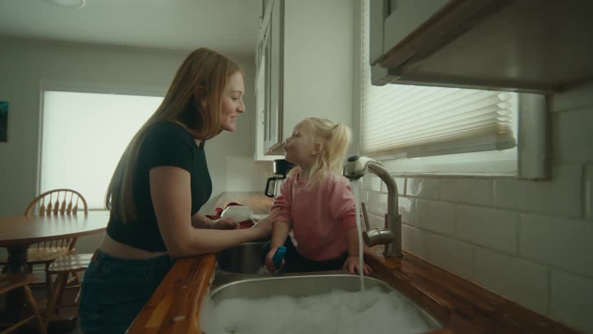 Mother and daughter have fun washing dishes in the kitchen sink