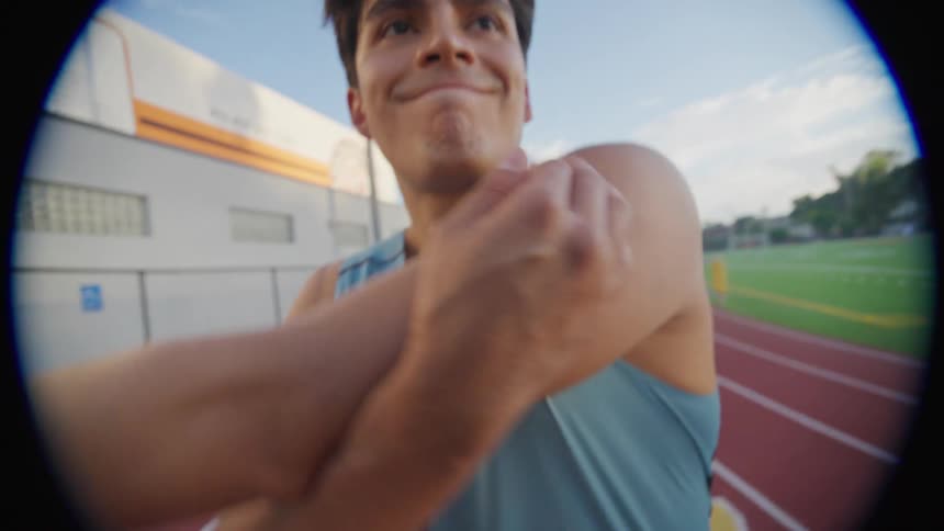 Man on an athletics track stretching his arms