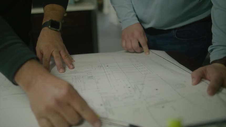 Two people have their hands on a floor plan and are analyzing