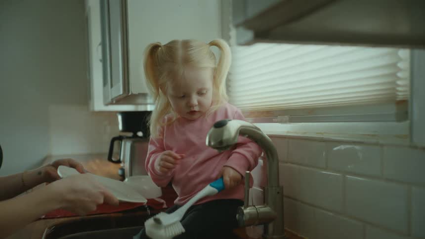 A mother and daughter wash dishes together
