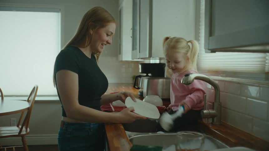 Mother and daughter washing dishes in the kitchen