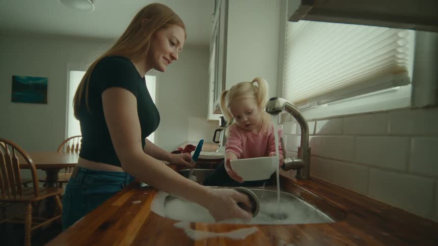 Mother washing dishes with the help of her little daughter