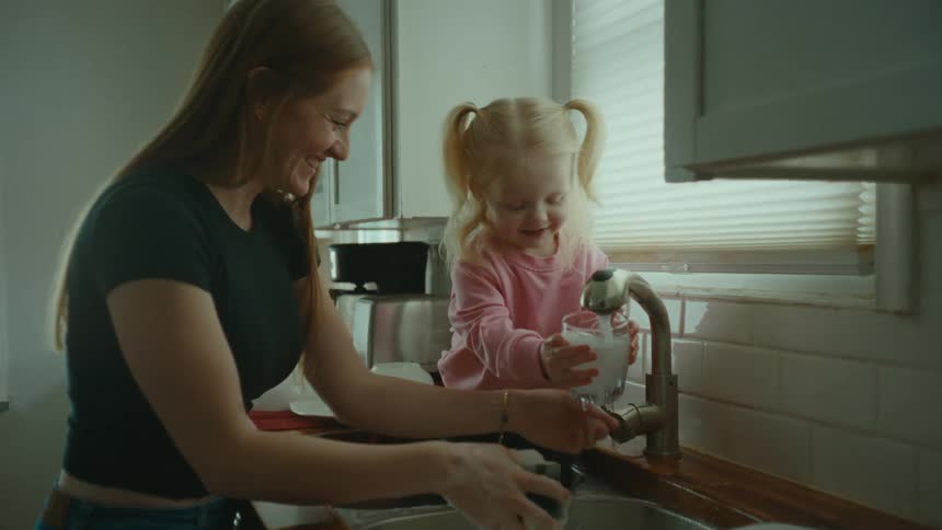 Little girl sitting at the sink helping her mother wash the dishes