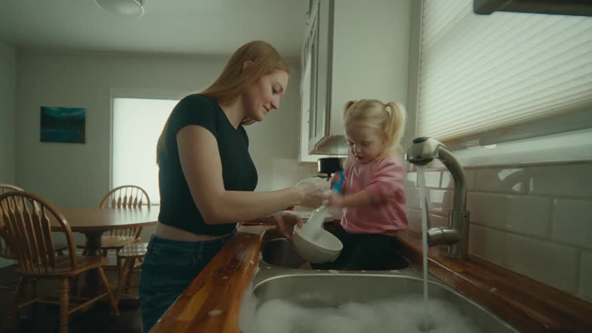 A mother and daughter wash the dishes