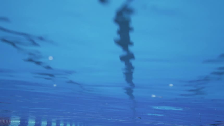 View from inside the water of a swimming pool with lap lanes
