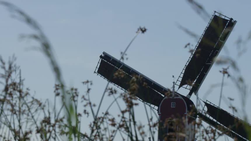 Windmill events moving in a field on a cloudless morning