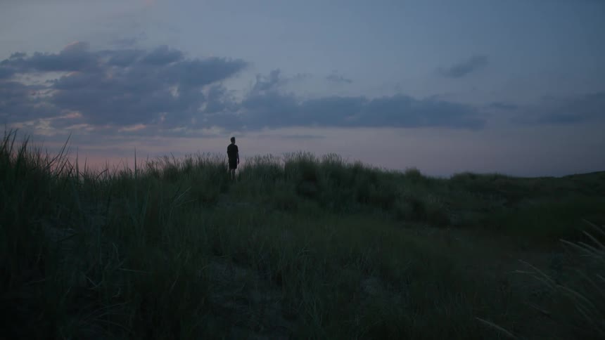 Silhouette of a man in a field on a reddish morning sky