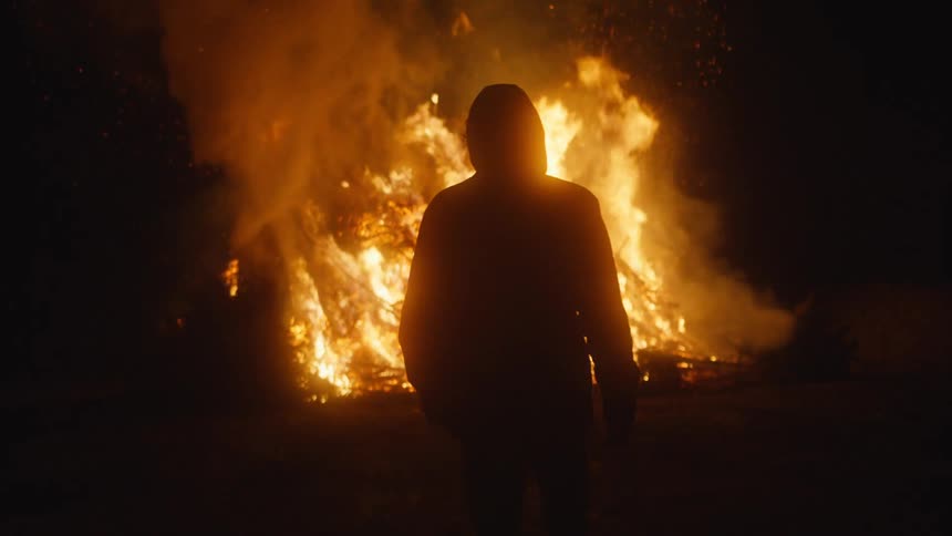 A night footage of a burning fire and a person walking towards it