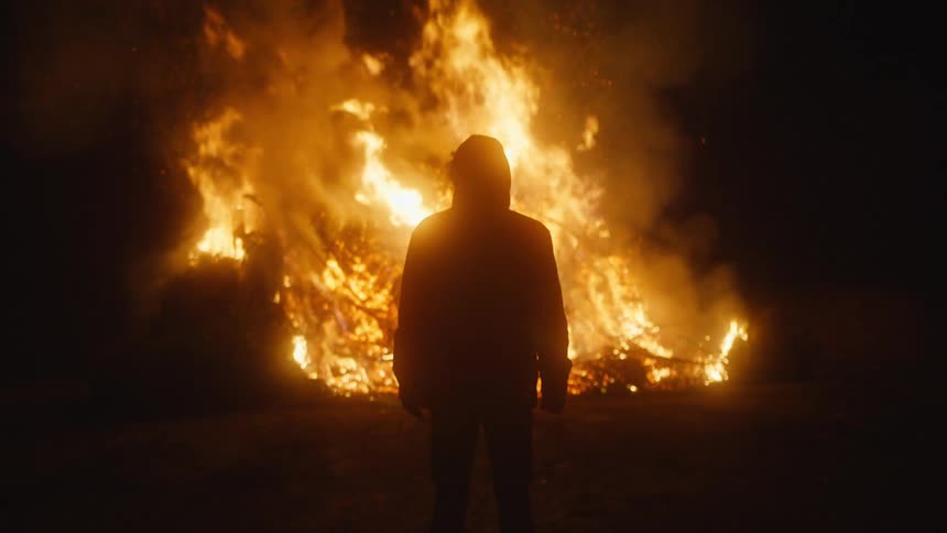 A person stands and watches a big fire