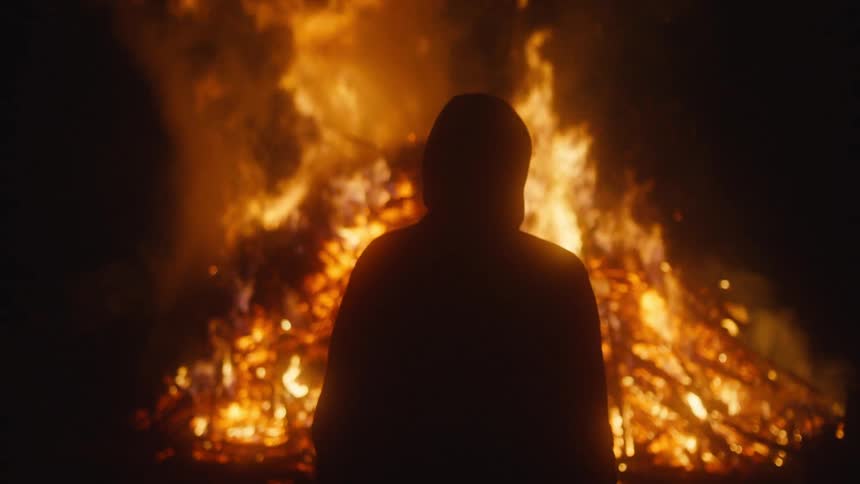 Silhouette of a man wearing a hoodie watching a blazing fire
