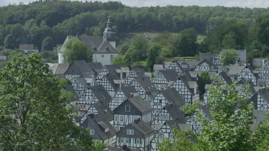 A small town with identical white houses and a gray roof in the middle of a region with many trees