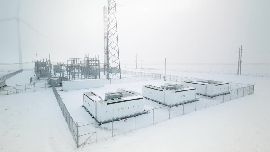 A electric power grid utility station covered in snow