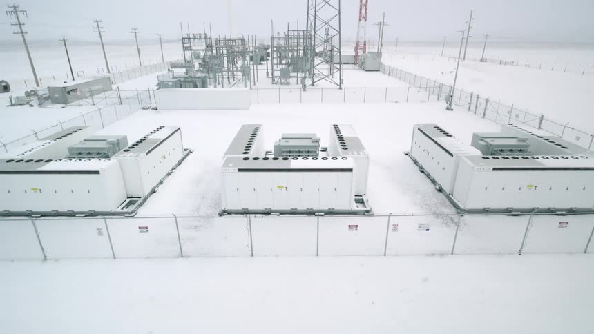 Winter footage of a battery grid storage facility