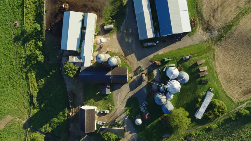 An aerial clip of a rural factory