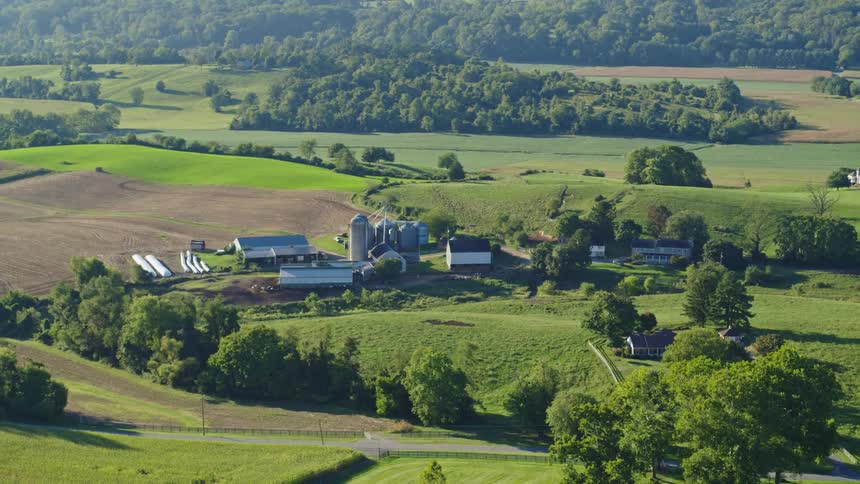 An aerial clip of a rural community