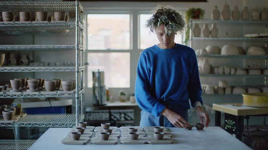 Woman arranging small porcelain glasses on the table