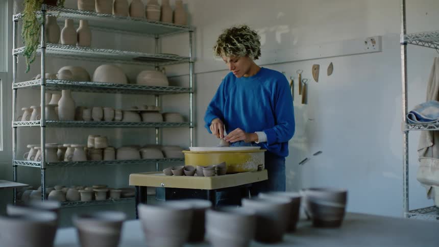 A woman moves cups and works on a pottery wheel
