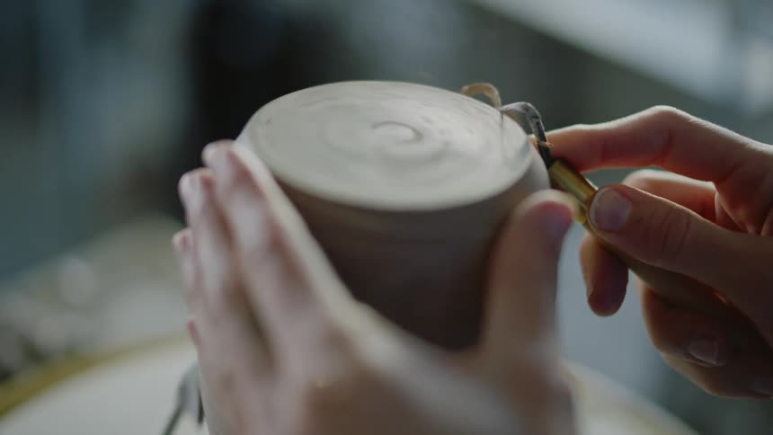 Hands of a woman go a tool sculpting a clay