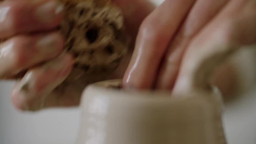 Extreme closeup of a womans hands sculpting a vase with clay