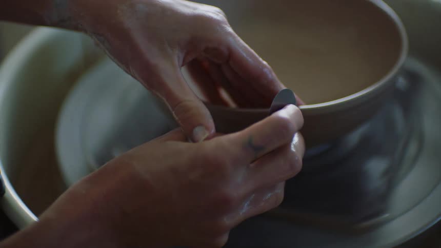 A woman shapes a bowl on a pottery wheel