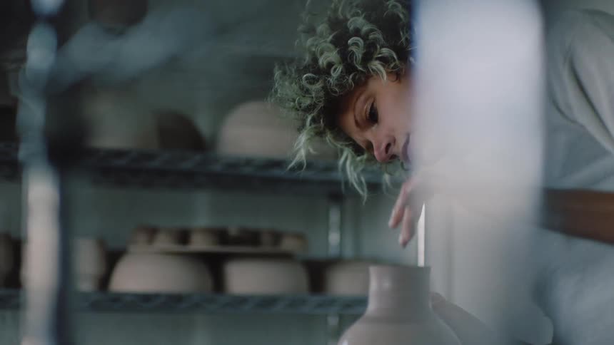 A woman with curly hair concentrates on shaping a clay vase