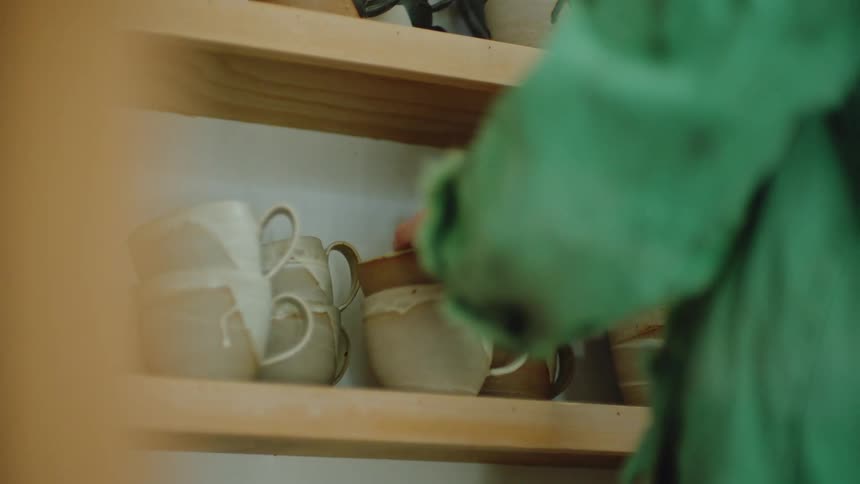 A woman arranging coffee cups in a cupboard