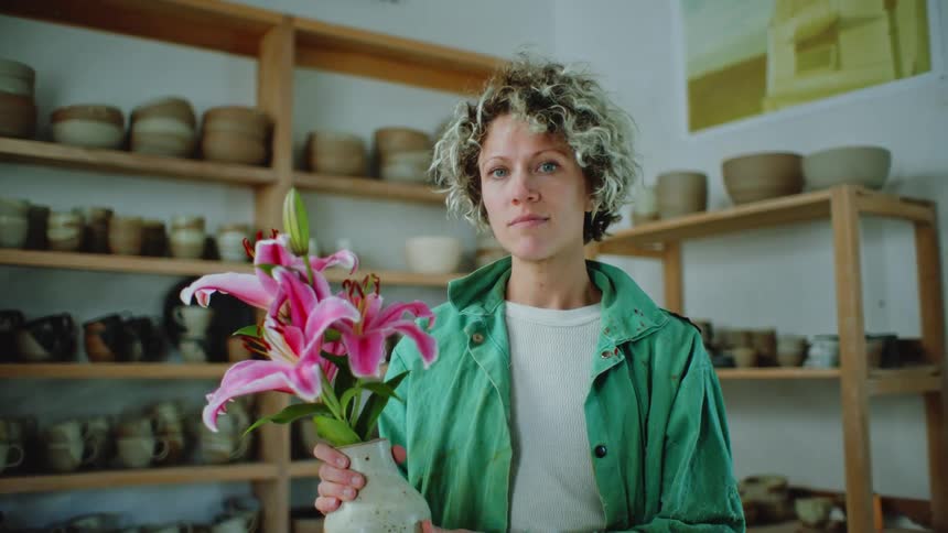 Woman smiling slightly and holding a vase with flowers