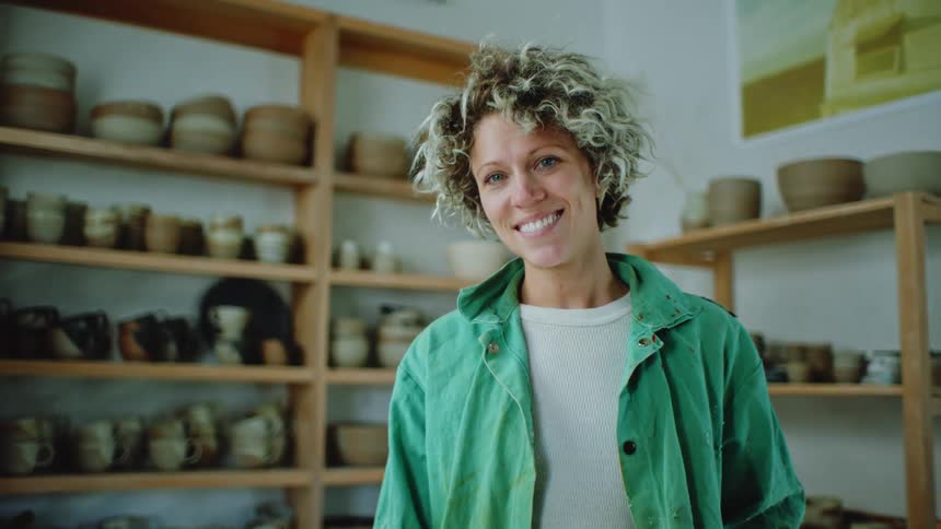 A standing woman is smiling while behind her there is a statue with many clay pots